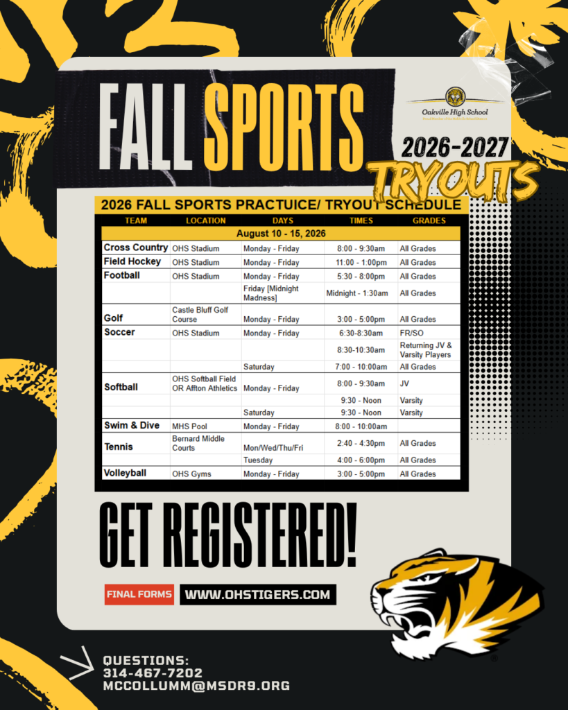 Black and yellow and gray and white flyer entitled Fall Sports tryouts. A list of sports, dates and times for tryouts for fall sprots.