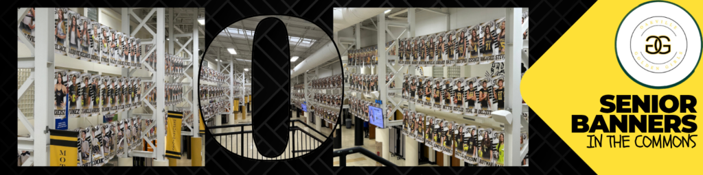 Picture of the commons at oakville high school with rows of senior banners hanging from the wals. Senior Banners in the commons is the wording.
