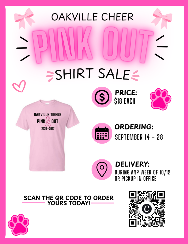 Oakville Cheer Pink Out Shirt Sale. Price $18 each. Ordering September 14-28. Delivery during ANP week of 10/12 or pick up in the office.