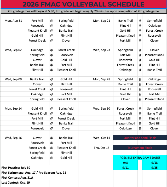 2026 Volleyball Schedule