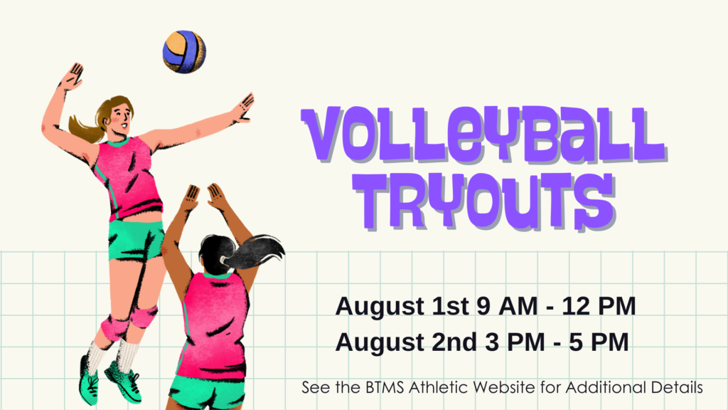 Volleyball Tryouts
Aug 1st 9 AM - 12 PM
Aug 2nd 3 PM - 5 PM