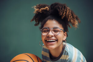 Black woman with glasses smiles while playing basketball. Genera