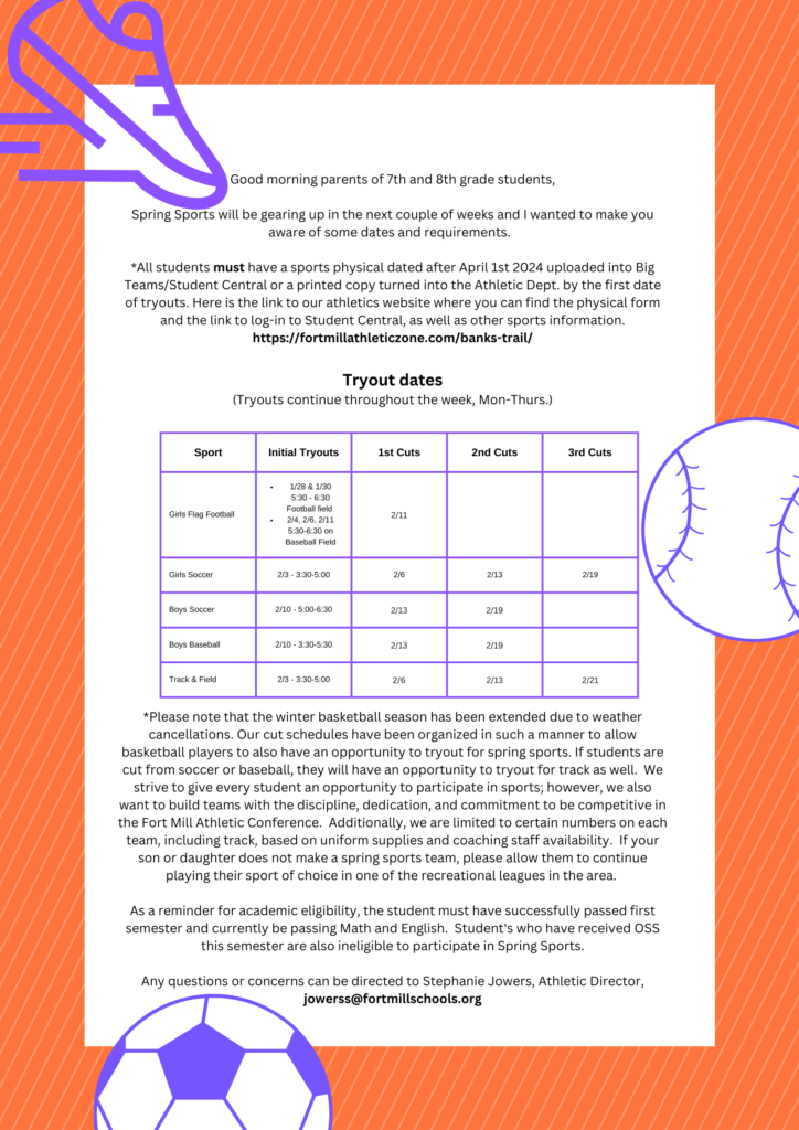 Spring Sports Letter with tryout schedule