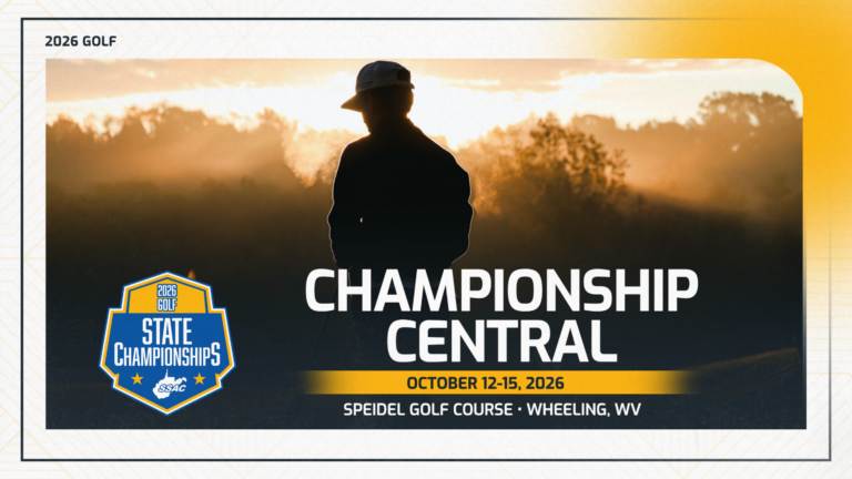 A WVSSAC promotional graphic for the 2026 Golf State Championships, featuring a silhouetted golfer at sunset with event details — Championship Central, October 12–15, 2026, Speidel Golf Course, Wheeling, W.Va.