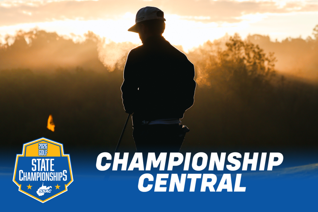A WVSSAC promotional graphic for the 2026 Golf State Championships, featuring a silhouetted golfer at sunset with event details — Championship Central, October 12–15, 2026, Speidel Golf Course, Wheeling, W.Va.