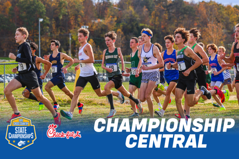 A pack of boys cross country runners from several West Virginia high schools competes at the WVSSAC state championship, with fall foliage behind them. Text reads “Championship Central” beside the WVSSAC State Championships logo.