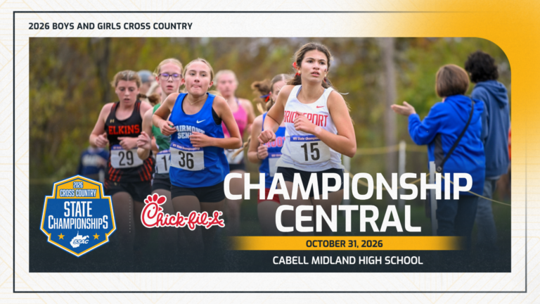 A graphic promoting the cross country championship. It includes a Chick-fil-A logo, a WVSSSAC logo, and the words "Championship Central" with fermale runners in the background.