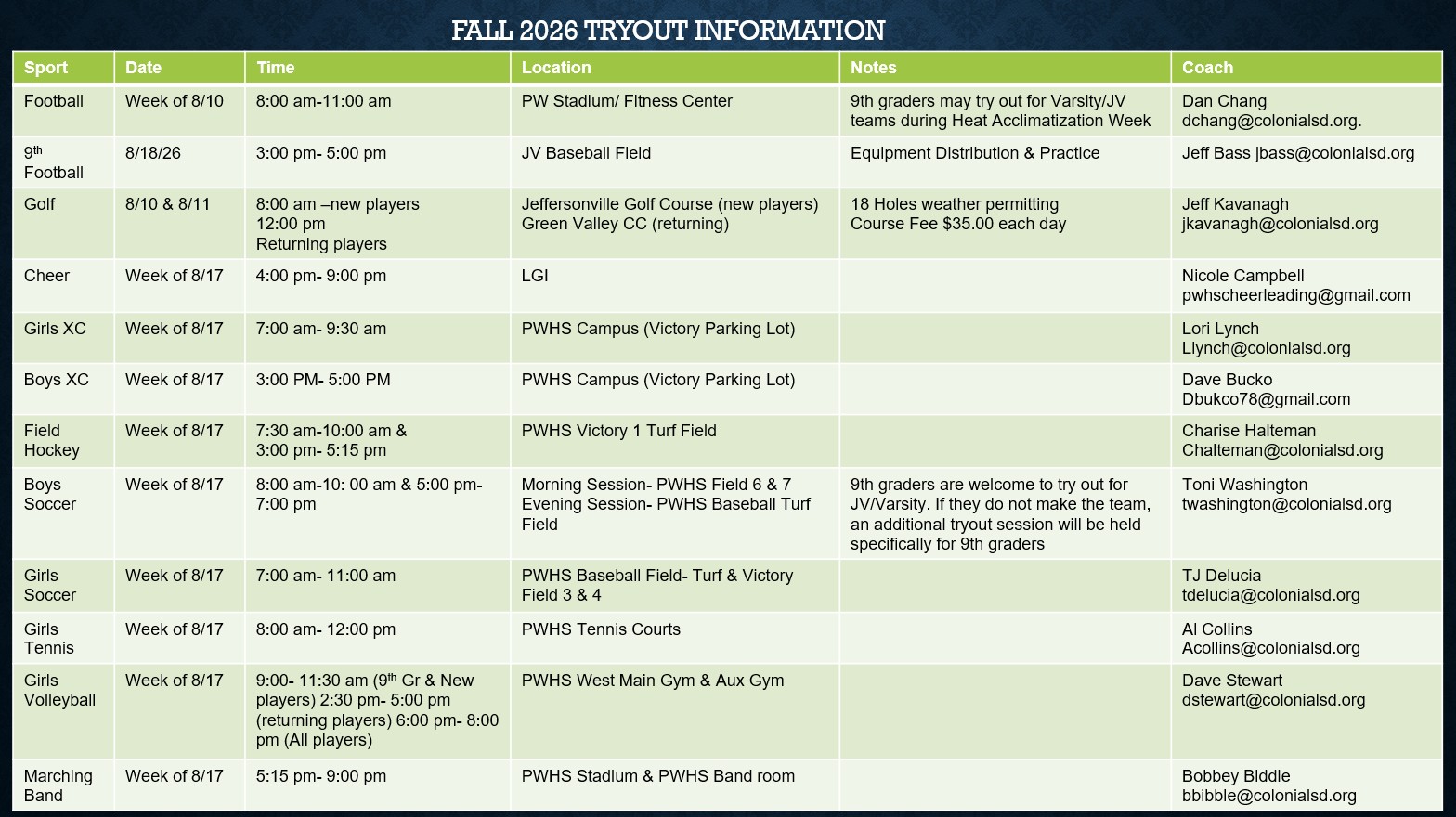 2026 fall tryout information