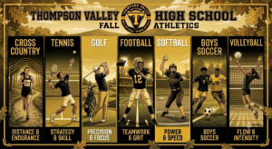 AI generated Fall sports image representing cross country, football, boys golf, boys tennis, boys soccer, softball and volleyball. The graphic is all black and gold.
