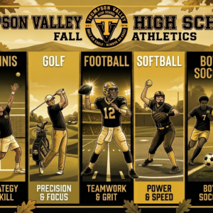AI generated Fall sports image representing cross country, football, boys golf, boys tennis, boys soccer, softball and volleyball. The graphic is all black and gold.