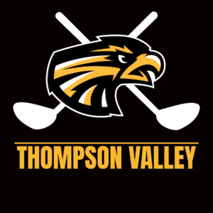 Thompson Valley Eagle Logo in front of two white golf clubs forming a cross.