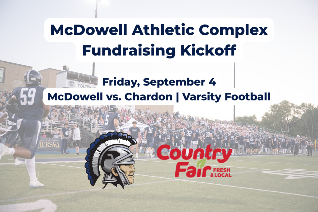 Graphic with McDowell Athletic Fundraising Kickoff on Friday Sept 4. It is a McDowell home varsity football game and a McDowell Trojans logo with Country Fair's logo.