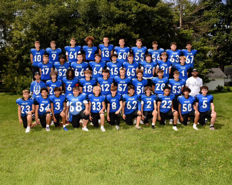 JV2 Football team group of athletes posed in blue football uniforms