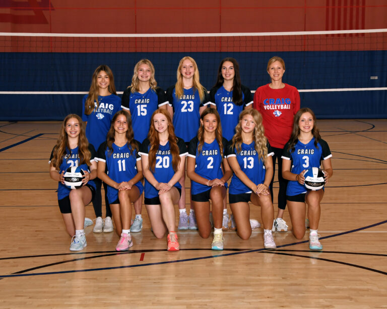 Girls JV Volleyball team dressed I blue uniforms