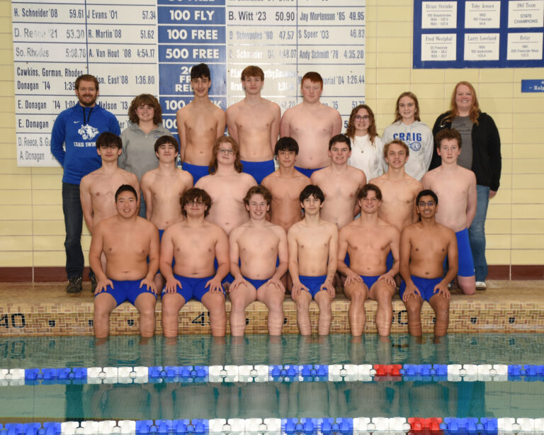 boys swim team by pool