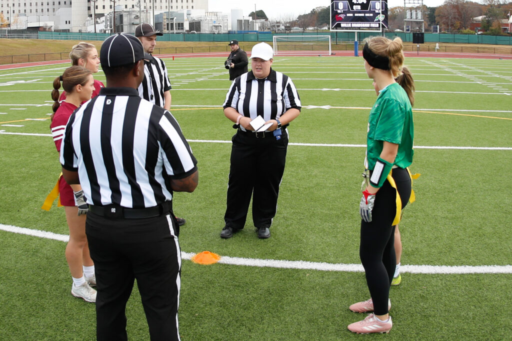 Official, referee. Wakefield defeated Cardinal Gibbons 8-7 in five overtimes in the semifinals of the NC Flag Football State Playoffs at Durham County Memorial Stadium on Saturday, Nov. 22, 2025 (Photo: Dean Strickland/National Amateur Sports)
