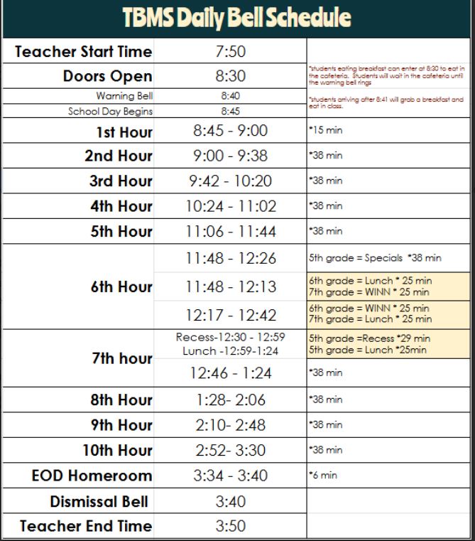 Twin Bluff Middle School bell schedule for 2025-2026