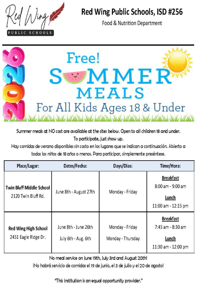Red Wing Public Schools offers free summer meals for all children ages 18 and under during the summer of 2026.