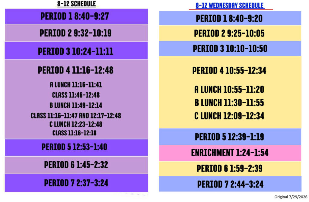 This is the schedule for Red Wing High School 7 period day in 2026-2027