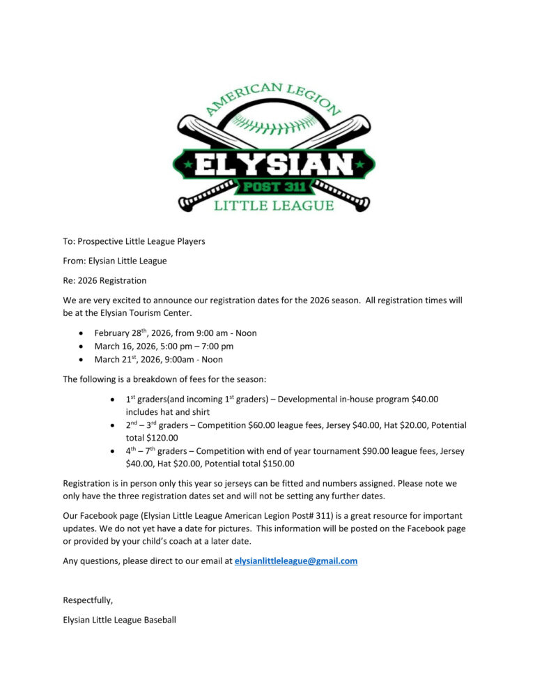 Elysian Little League Baseball Letter and Registration