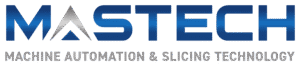 Logo for "MASTECH" in bold blue gradient letters on a black background, with "Machine Automation & Slicing Technology" in white below, conveying a modern, tech-focused tone.