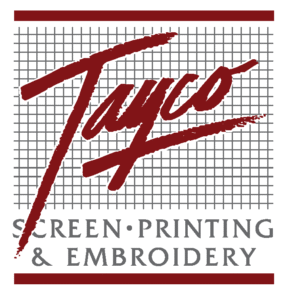 Red handwritten "Jayco" on a gray grid background. Below, text reads "Screen Printing & Embroidery" in gray, emphasizing customization services.
