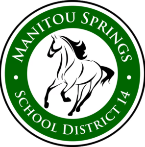 Green and white circular logo of Manitou Springs School District 14. Features a dynamic, stylized horse at the center, conveying energy and movement.