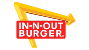Alt text: "In-N-Out Burger logo featuring bold white text on a red rectangle with a yellow arrow design above it, set against a black background."