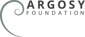 Logo of Argosy Foundation featuring a stylized spiral design on the left, with the words "ARGOSY FOUNDATION" in bold, dark gray text on a black background.